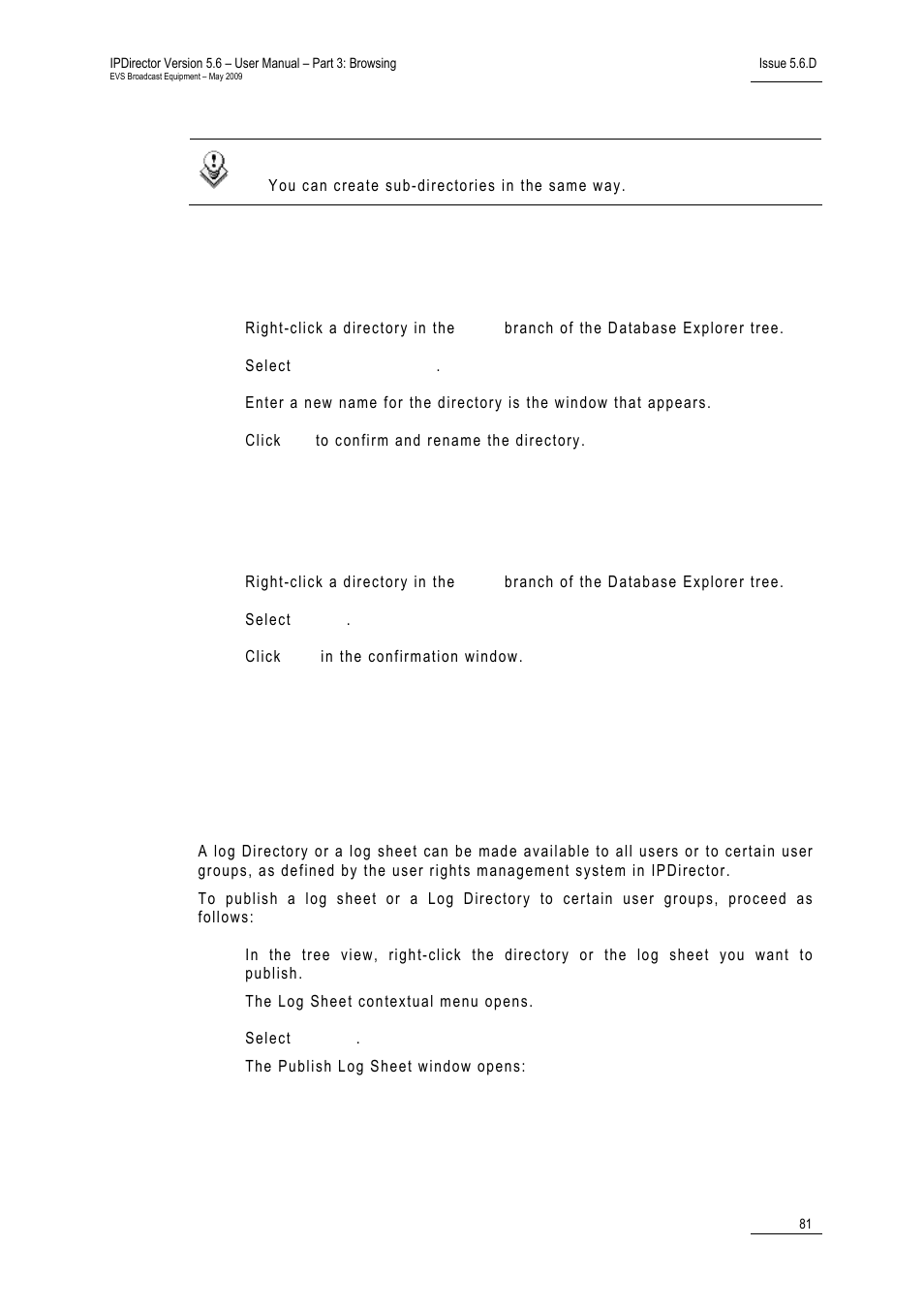 4 how to rename a logs directory, 5 how to delete a logs directory, 6 how to publish a log directory or a log sheet | 1 logs branch contextual menu, 2 log sheet contextual menu, 3 how to create a logs directory | EVS IPDirector Version 5.6 - May 2009 Part 3 User's Manual User Manual | Page 92 / 131