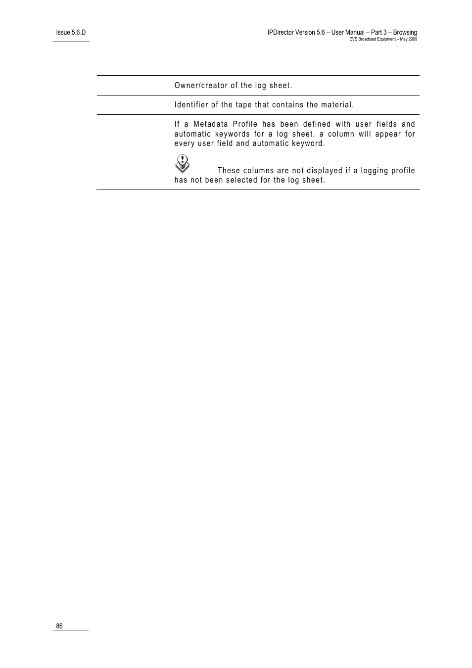 12 log event columns | EVS IPDirector Version 5.6 - May 2009 Part 3 User's Manual User Manual | Page 97 / 131