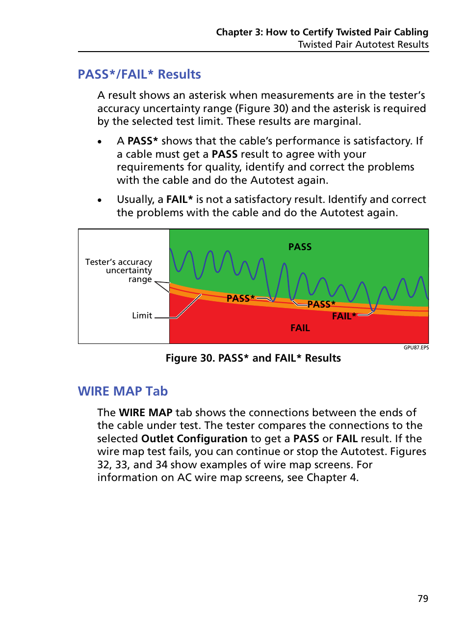 Pass*/fail* results, Wire map tab, Pass*/fail* results wire map tab | Pass* and fail* results | Fluke Networks CertiFiber Pro Users Manual User Manual | Page 101 / 440