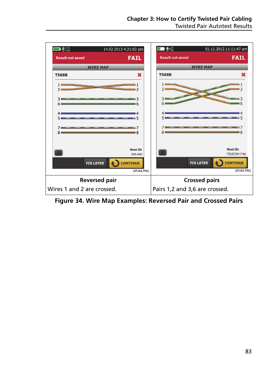 Wire map examples: reversed pair and crossed pairs, 34 sh | Fluke Networks CertiFiber Pro Users Manual User Manual | Page 105 / 440