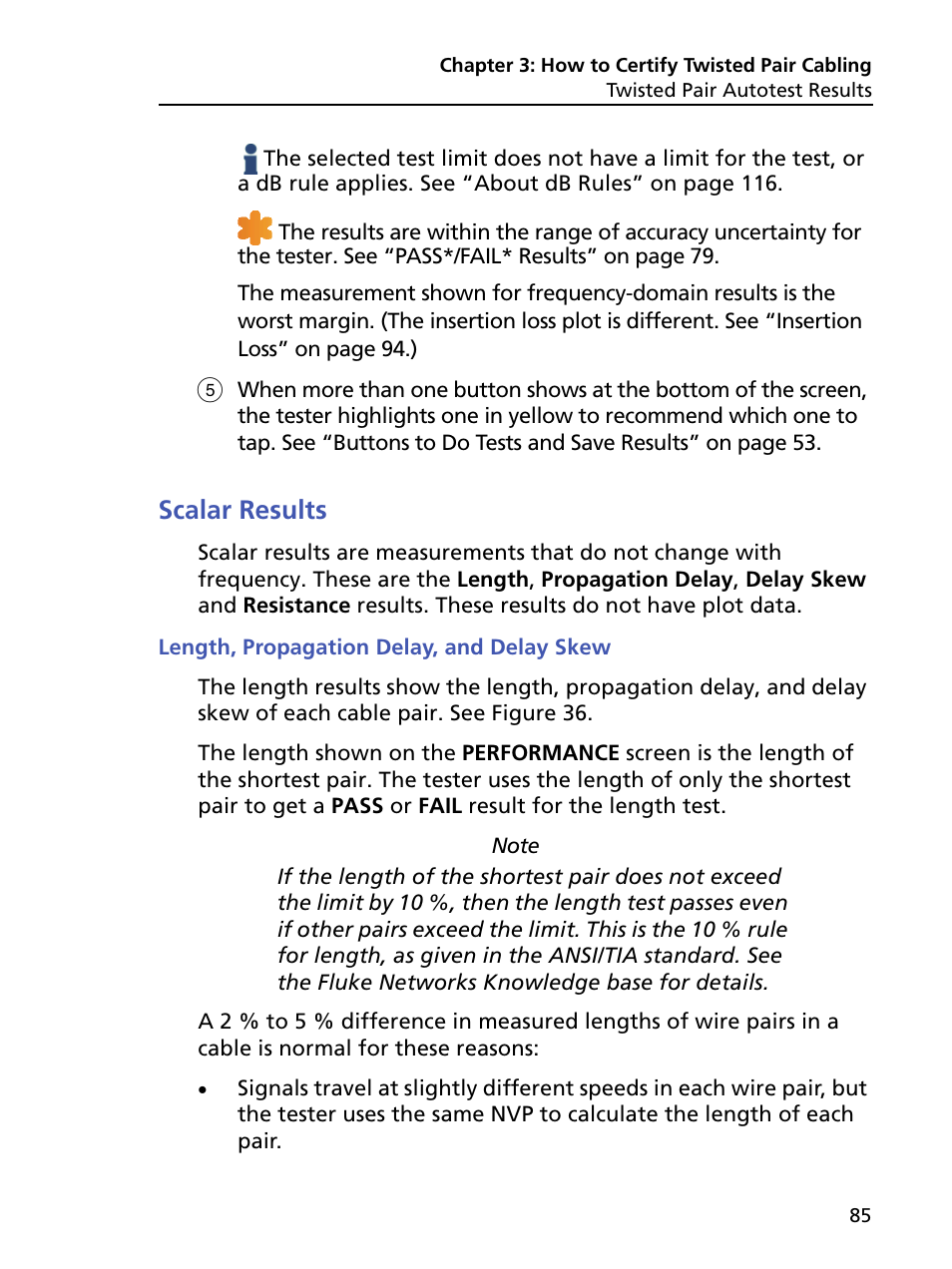 Scalar results, Length, propagation delay, and delay skew | Fluke Networks CertiFiber Pro Users Manual User Manual | Page 107 / 440