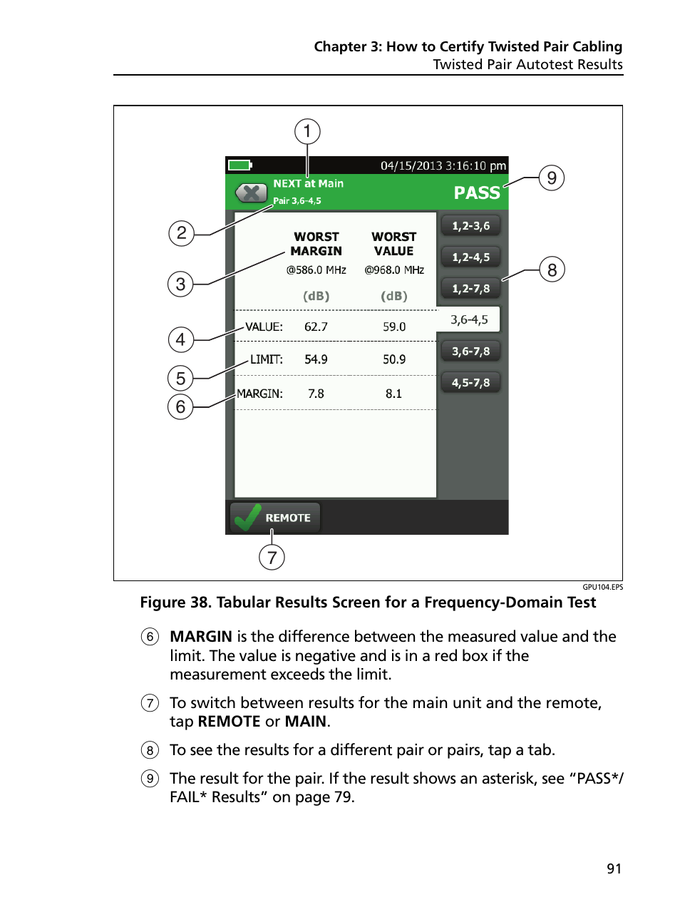 Tabular results screen for a frequency-domain test | Fluke Networks CertiFiber Pro Users Manual User Manual | Page 113 / 440