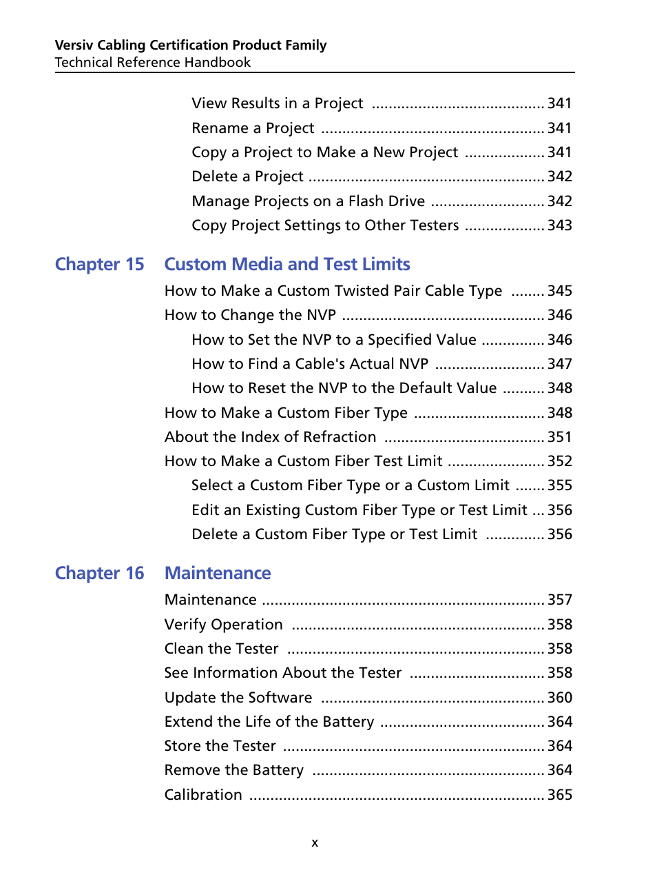 Chapter 15 custom media and test limits, Chapter 16 maintenance | Fluke Networks CertiFiber Pro Users Manual User Manual | Page 12 / 440