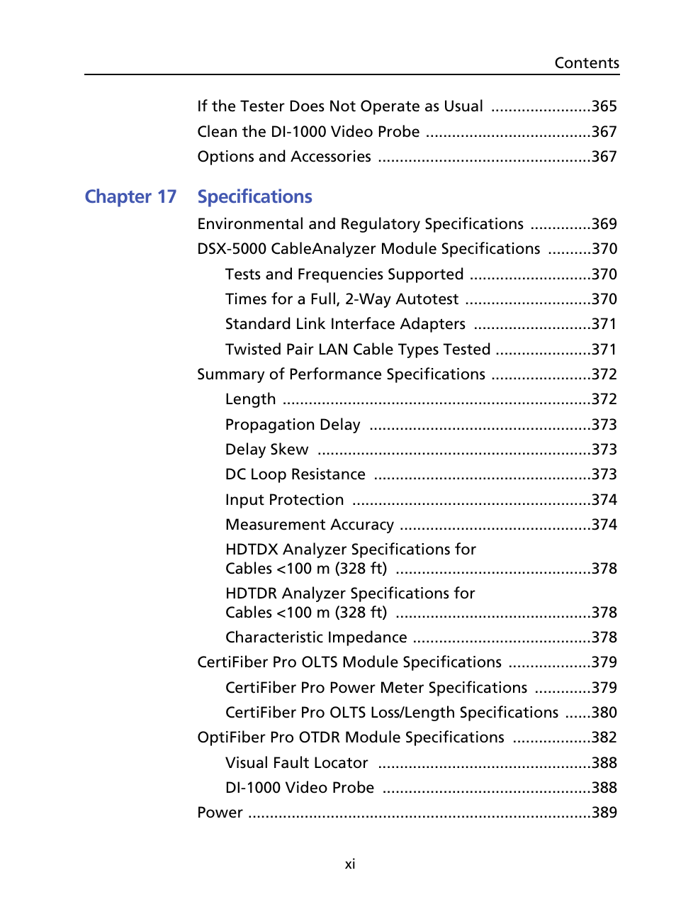 Chapter 17 specifications | Fluke Networks CertiFiber Pro Users Manual User Manual | Page 13 / 440