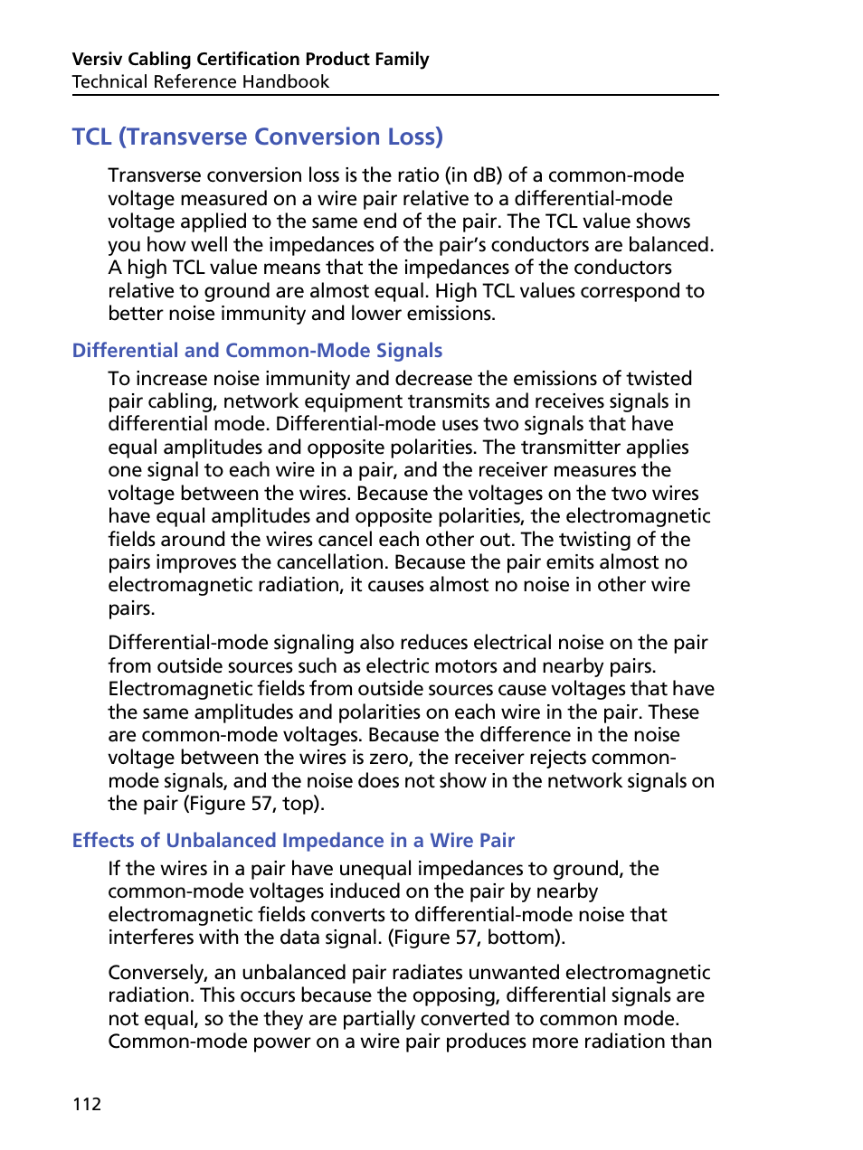 Tcl (transverse conversion loss), Differential and common-mode signals, Effects of unbalanced impedance in a wire pair | Fluke Networks CertiFiber Pro Users Manual User Manual | Page 134 / 440