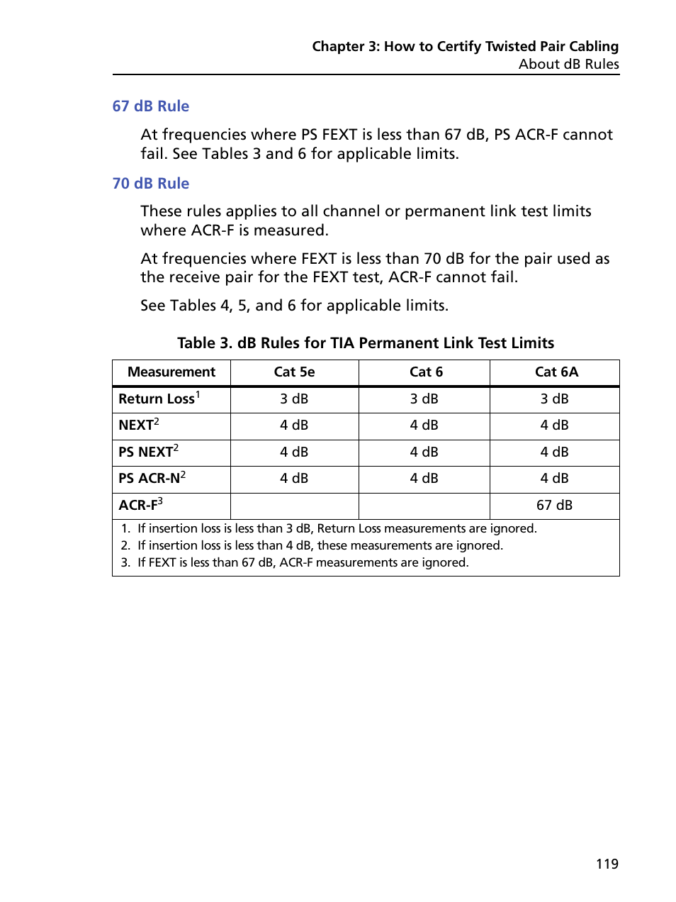 67 db rule, 70 db rule, Db rules for tia permanent link test limits | Es 3 | Fluke Networks CertiFiber Pro Users Manual User Manual | Page 141 / 440
