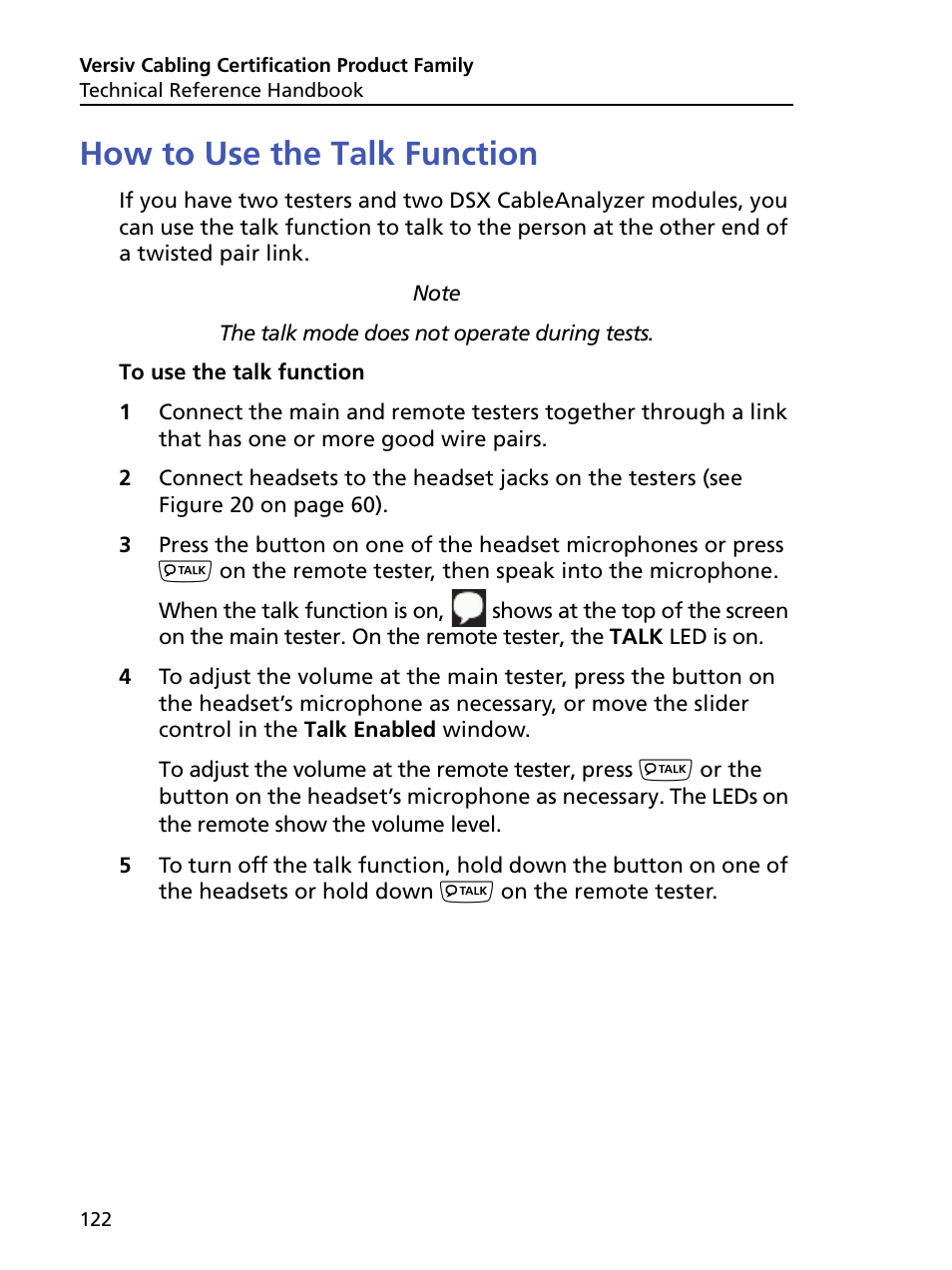How to use the talk function, See “how to | Fluke Networks CertiFiber Pro Users Manual User Manual | Page 144 / 440