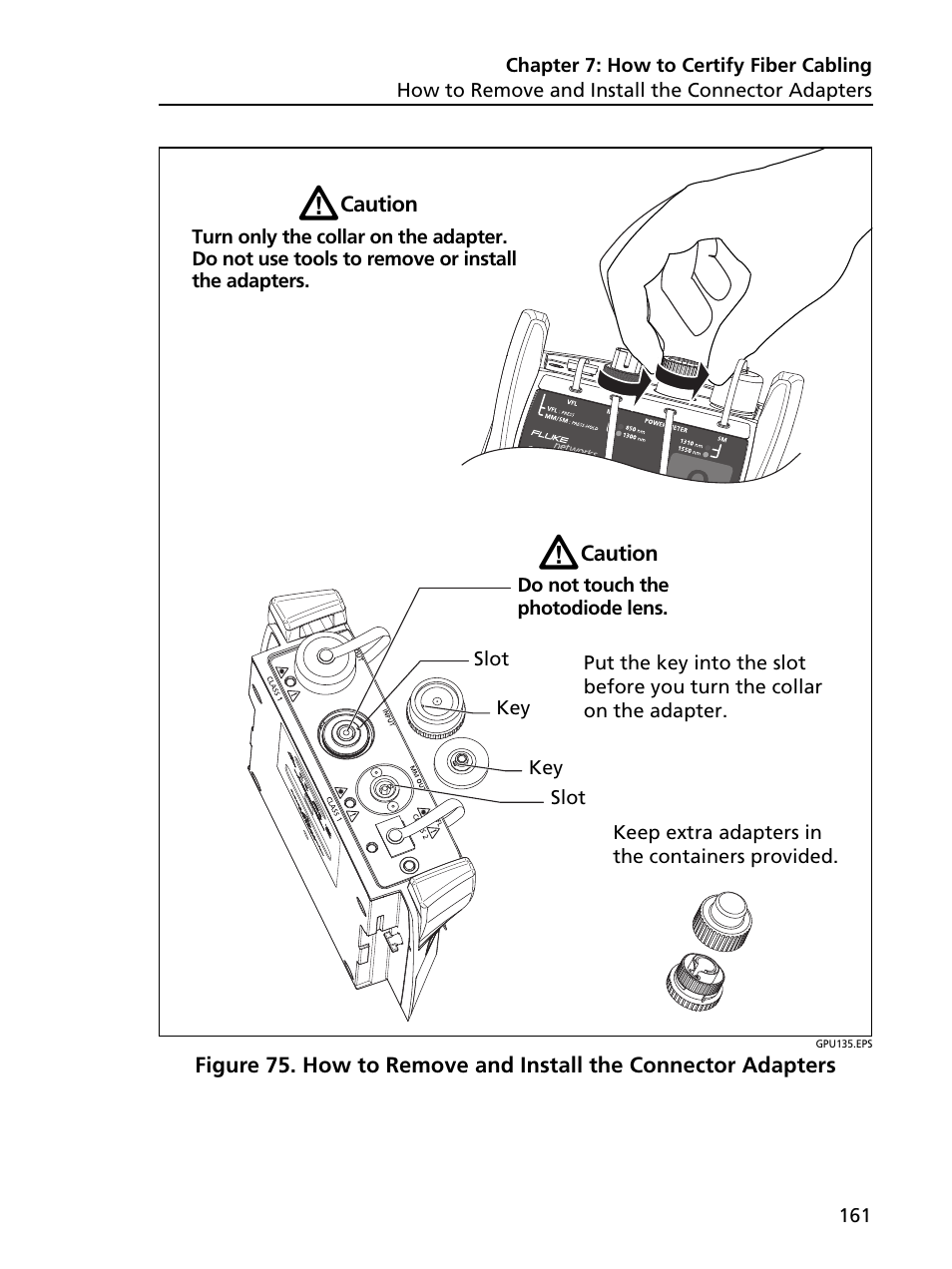 How to remove and install the connector adapters | Fluke Networks CertiFiber Pro Users Manual User Manual | Page 183 / 440