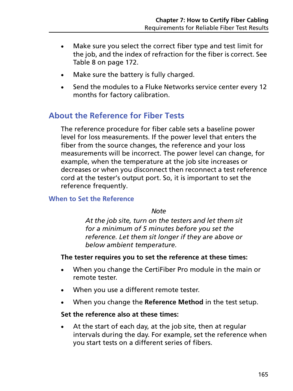 About the reference for fiber tests, When to set the reference | Fluke Networks CertiFiber Pro Users Manual User Manual | Page 187 / 440