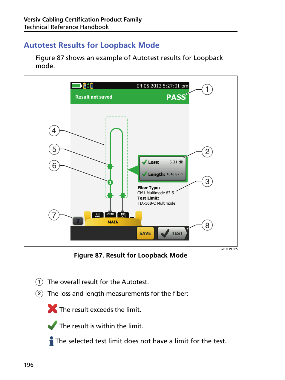 Autotest results for loopback mode, Result for loopback mode | Fluke Networks CertiFiber Pro Users Manual User Manual | Page 218 / 440