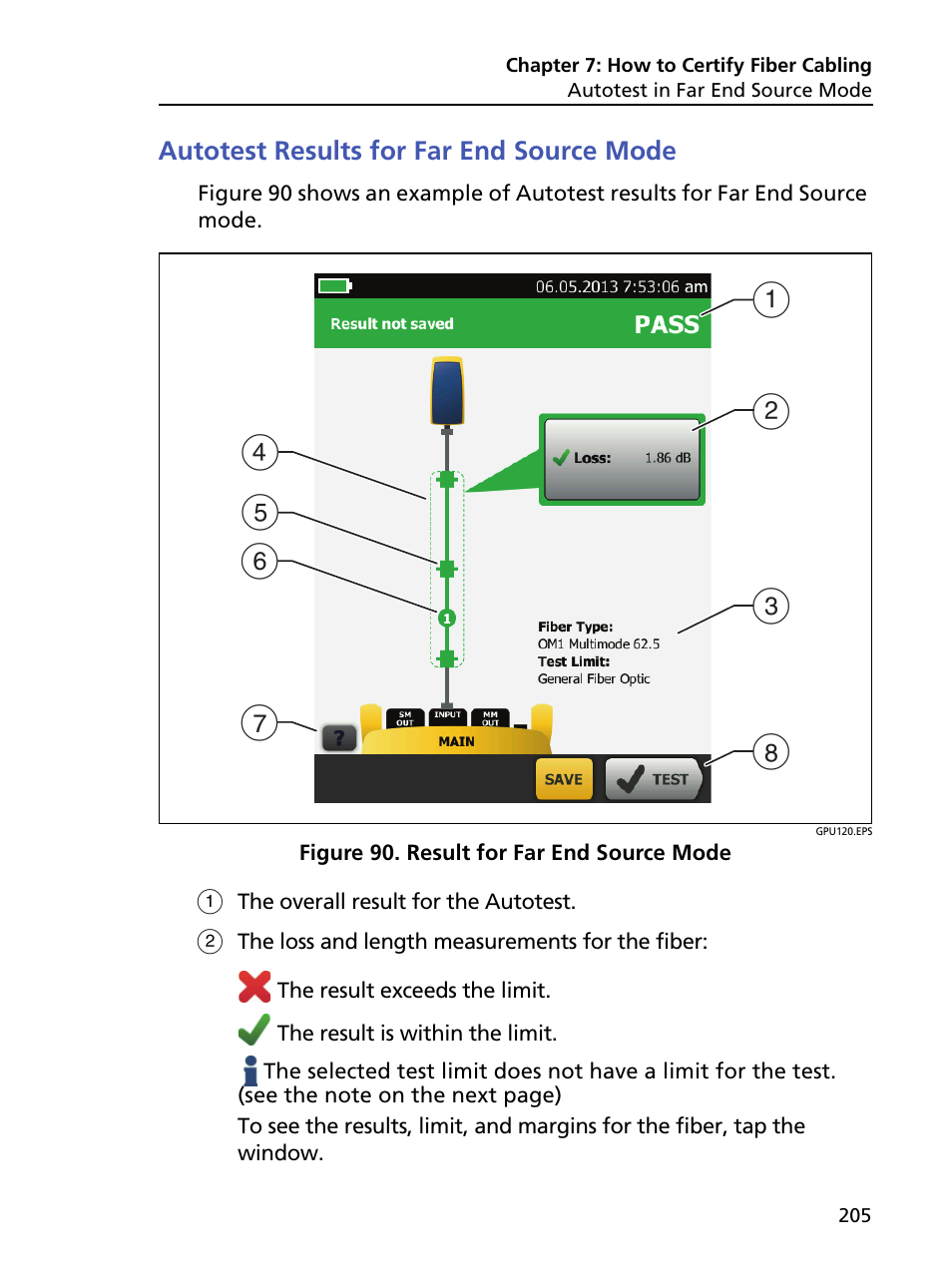 Autotest results for far end source mode, Result for far end source mode | Fluke Networks CertiFiber Pro Users Manual User Manual | Page 227 / 440