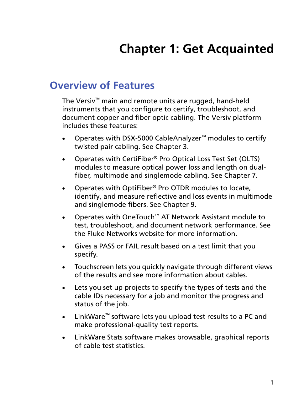 Chapter 1: get acquainted, Overview of features, Chapter 1 | Get acquainted | Fluke Networks CertiFiber Pro Users Manual User Manual | Page 23 / 440