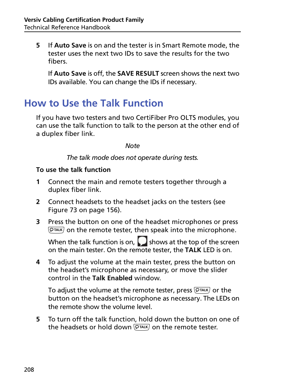 How to use the talk function | Fluke Networks CertiFiber Pro Users Manual User Manual | Page 230 / 440