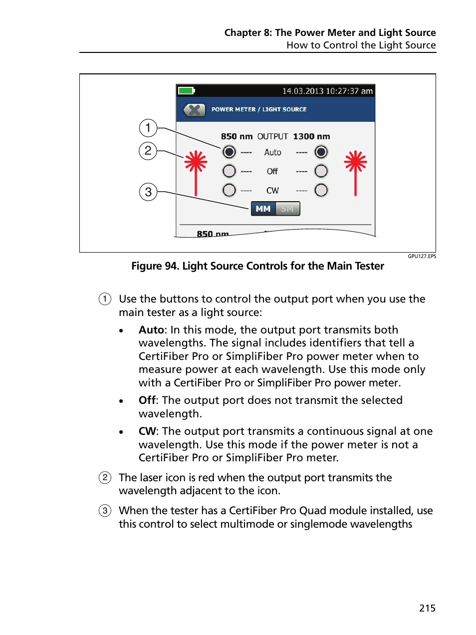 Light source controls for the main tester, Ac b | Fluke Networks CertiFiber Pro Users Manual User Manual | Page 237 / 440
