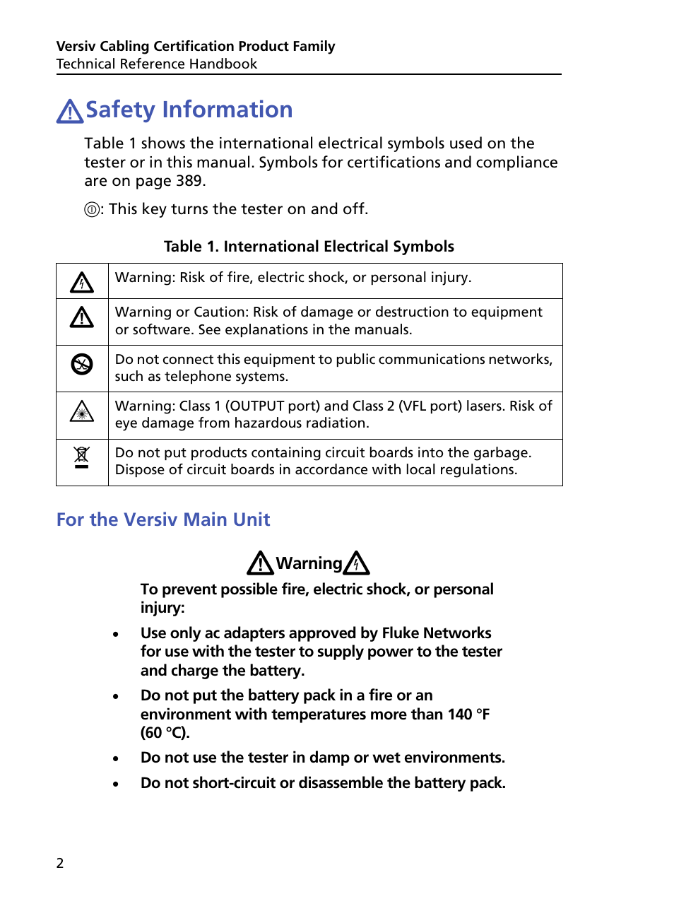 Wsafety information, For the versiv main unit, International electrical symbols | Safety information | Fluke Networks CertiFiber Pro Users Manual User Manual | Page 24 / 440