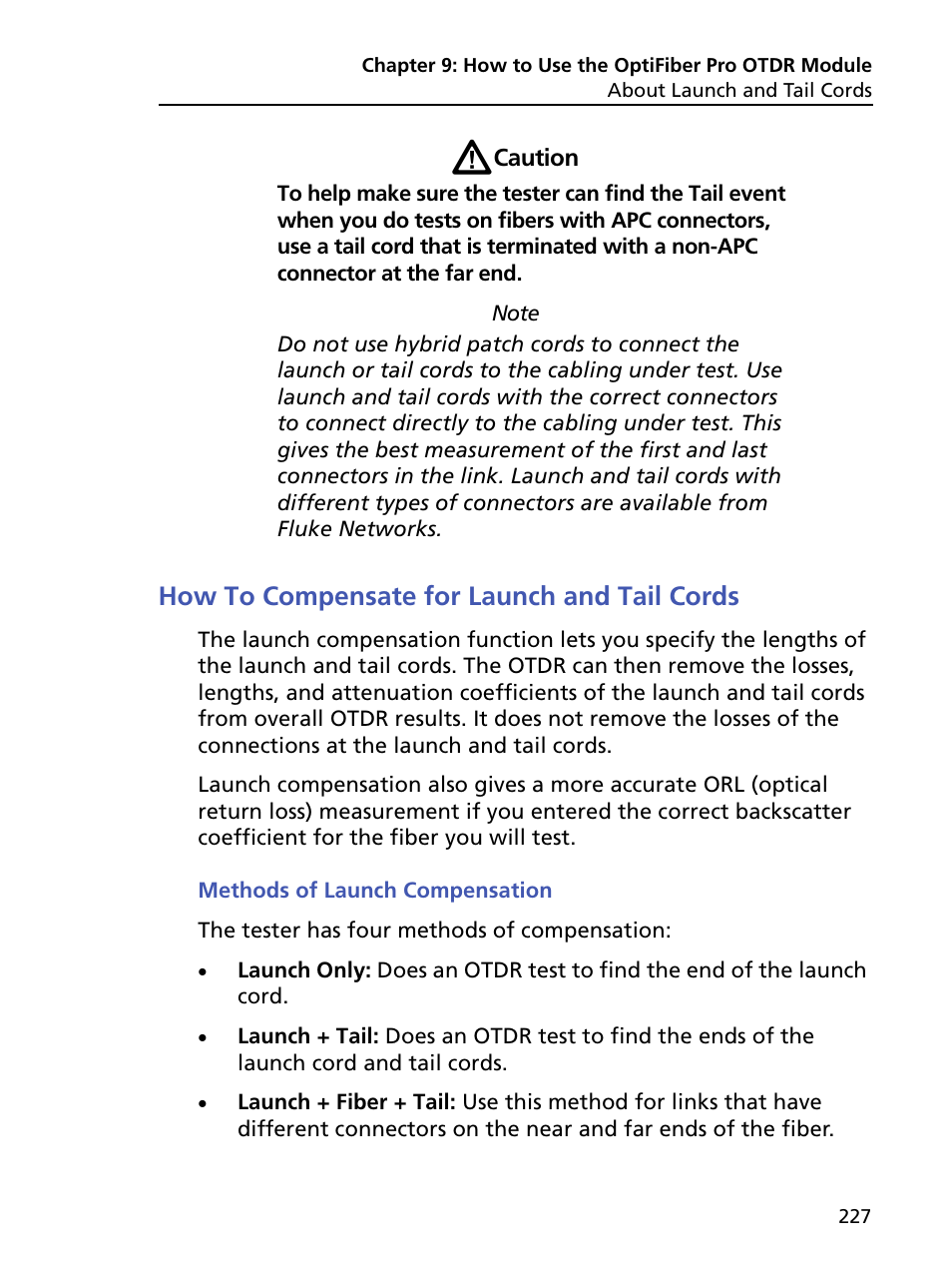 How to compensate for launch and tail cords, Methods of launch compensation | Fluke Networks CertiFiber Pro Users Manual User Manual | Page 249 / 440