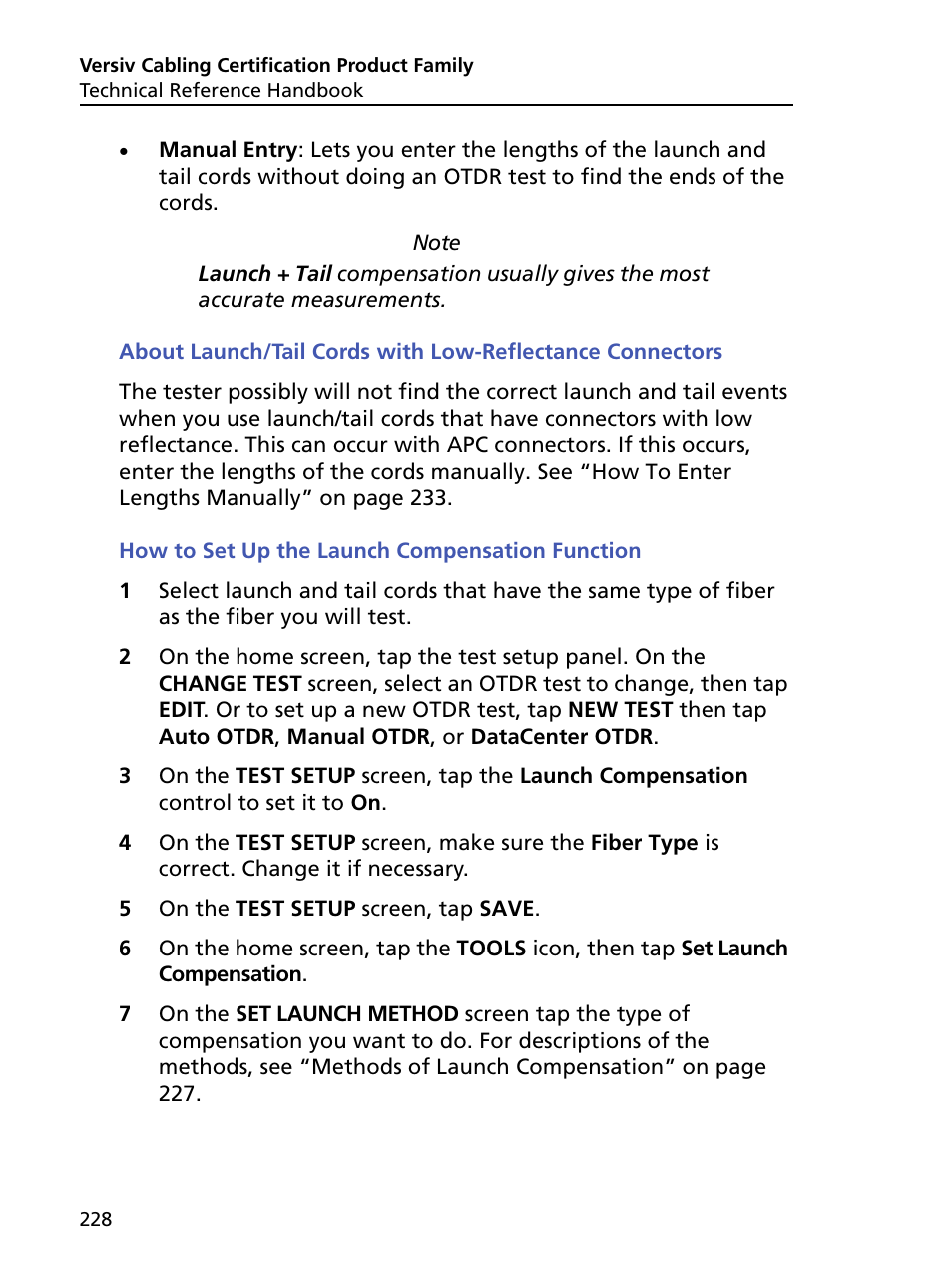 How to set up the launch compensation function | Fluke Networks CertiFiber Pro Users Manual User Manual | Page 250 / 440