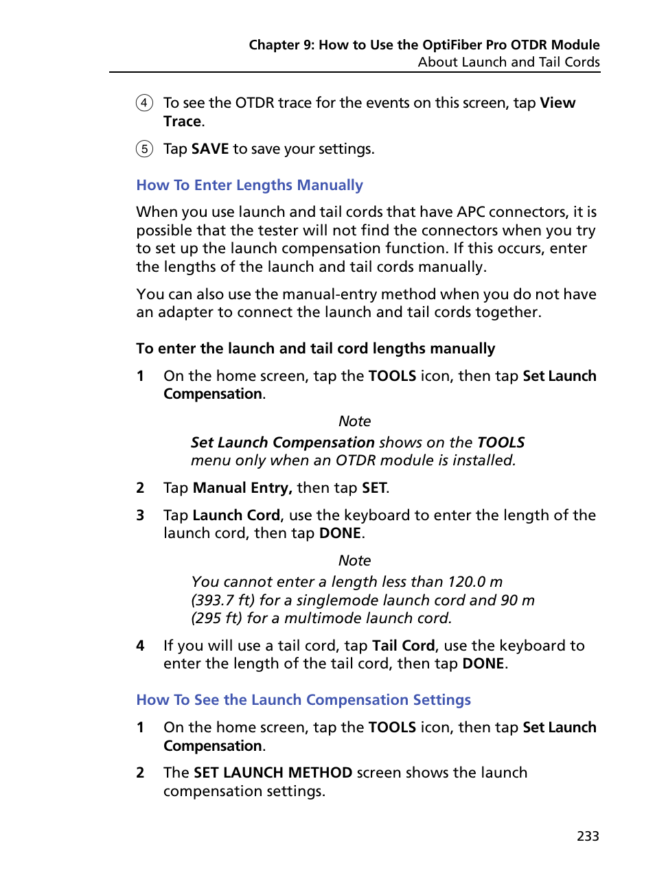 How to enter lengths manually, How to see the launch compensation settings | Fluke Networks CertiFiber Pro Users Manual User Manual | Page 255 / 440