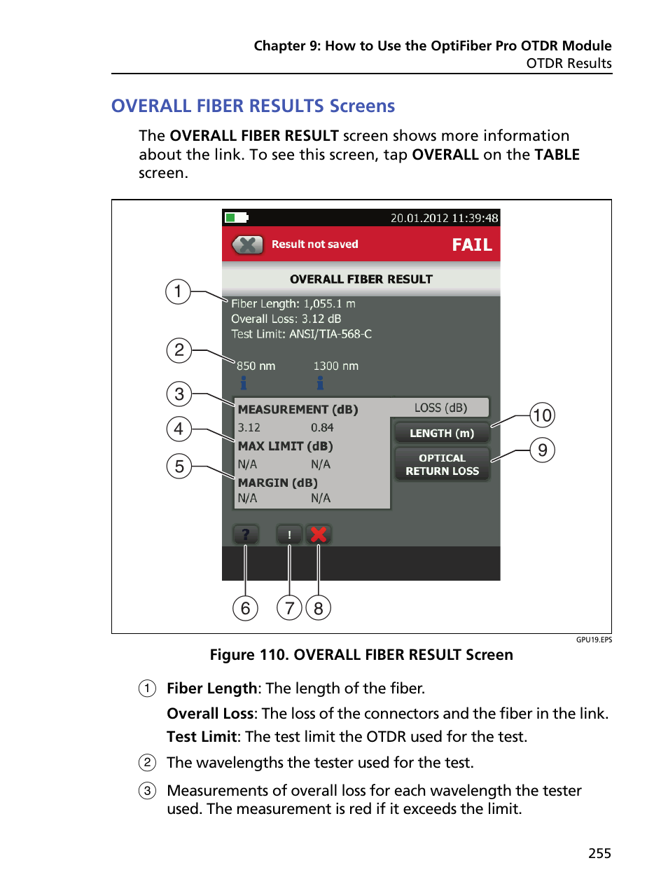 Overall fiber results screens, Overall fiber result screen | Fluke Networks CertiFiber Pro Users Manual User Manual | Page 277 / 440