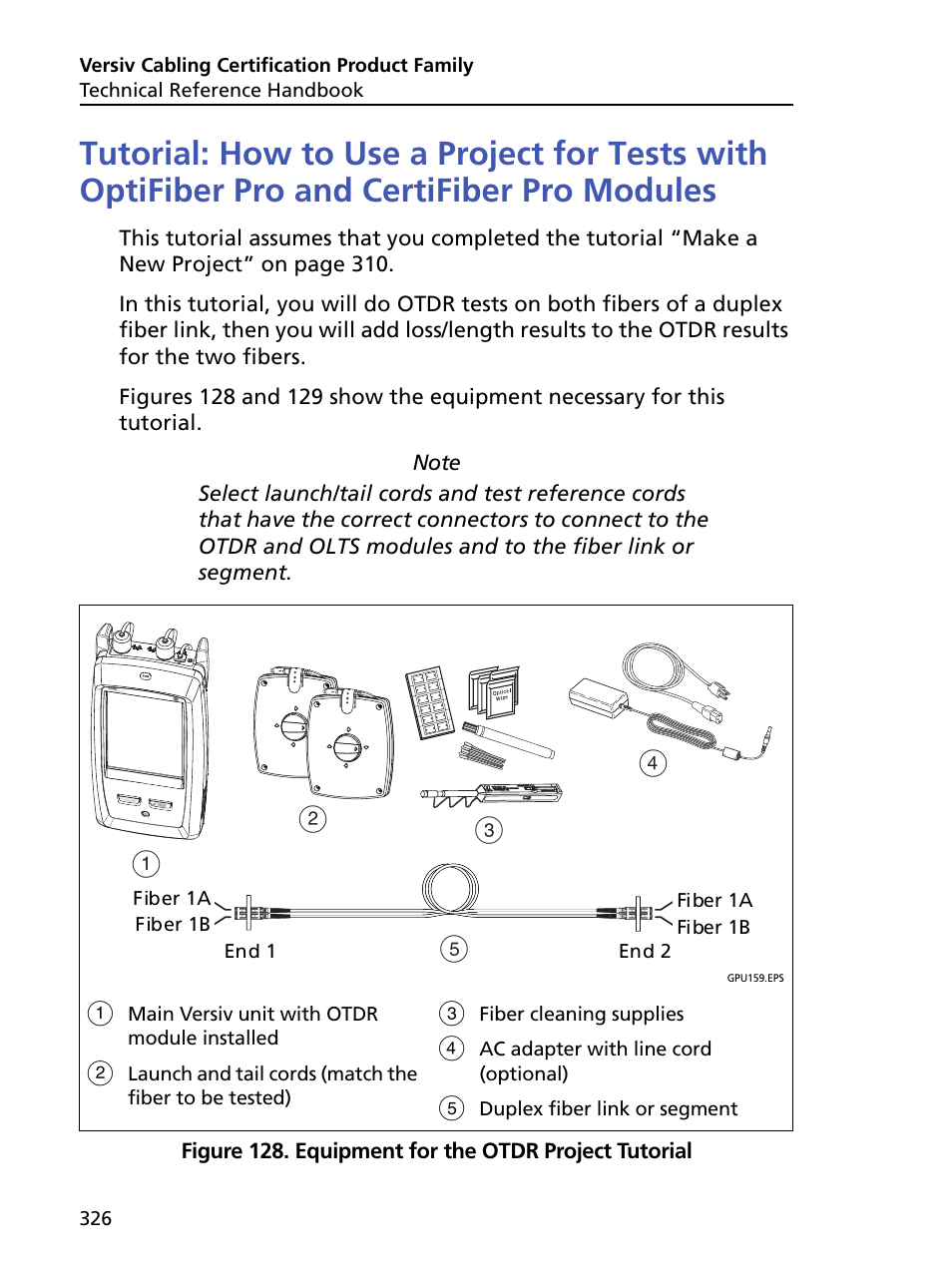 Equipment for the otdr project tutorial, Ab d c e | Fluke Networks CertiFiber Pro Users Manual User Manual | Page 348 / 440