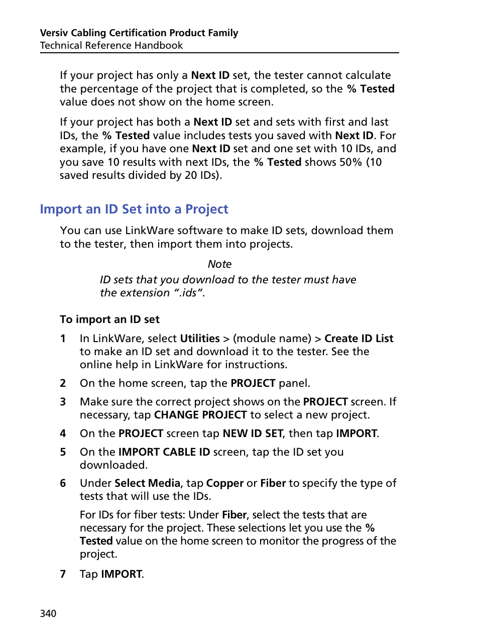 Import an id set into a project | Fluke Networks CertiFiber Pro Users Manual User Manual | Page 362 / 440