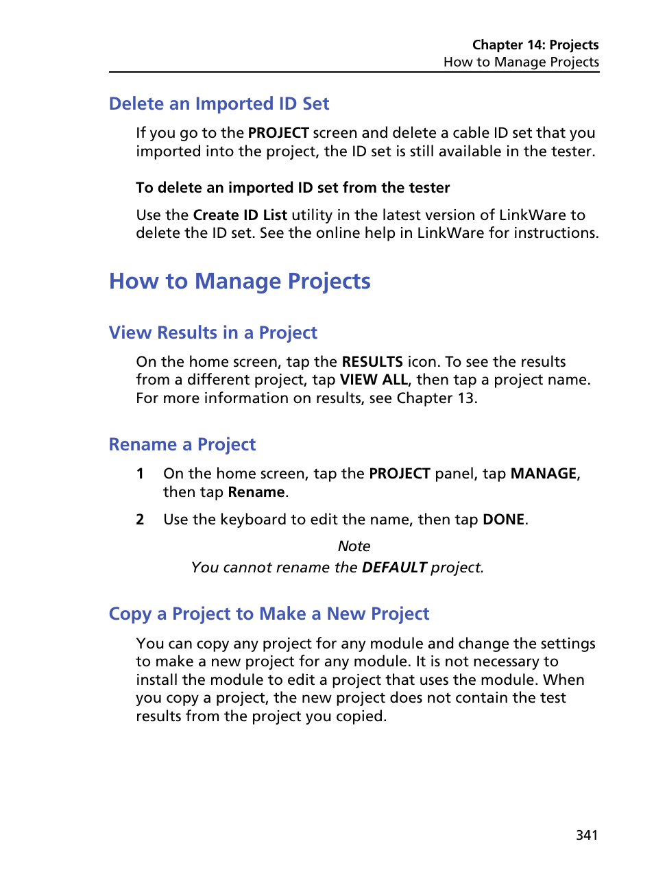 Delete an imported id set, How to manage projects, View results in a project | Rename a project, Copy a project to make a new project | Fluke Networks CertiFiber Pro Users Manual User Manual | Page 363 / 440
