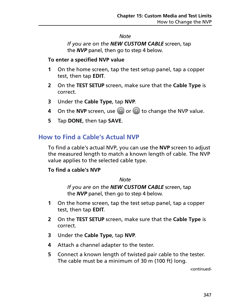 How to find a cable's actual nvp | Fluke Networks CertiFiber Pro Users Manual User Manual | Page 369 / 440
