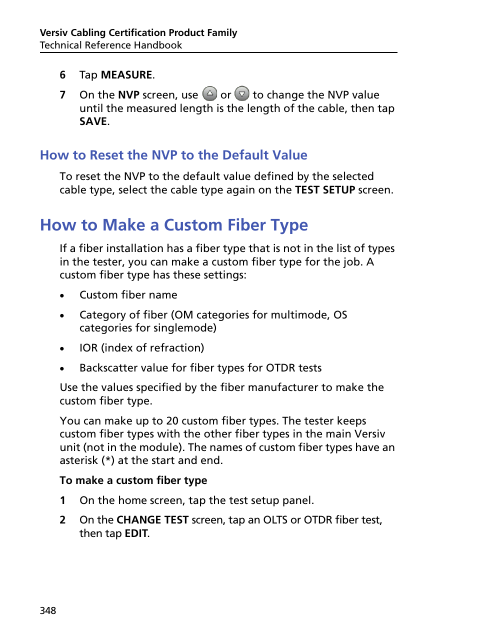 How to reset the nvp to the default value, How to make a custom fiber type | Fluke Networks CertiFiber Pro Users Manual User Manual | Page 370 / 440