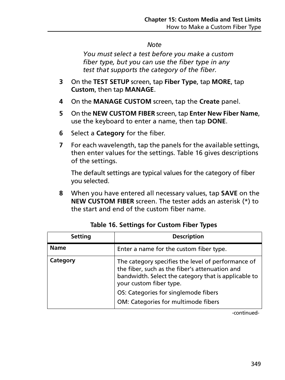 Settings for custom fiber types | Fluke Networks CertiFiber Pro Users Manual User Manual | Page 371 / 440