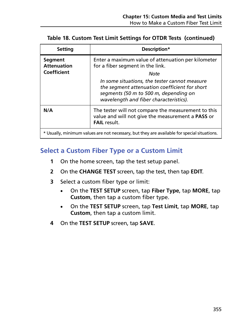 Select a custom fiber type or a custom limit | Fluke Networks CertiFiber Pro Users Manual User Manual | Page 377 / 440
