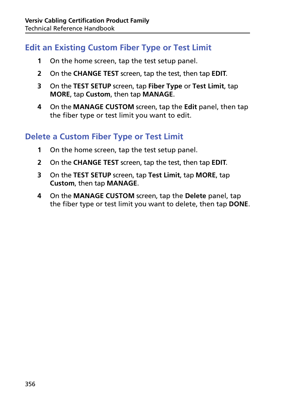 Edit an existing custom fiber type or test limit, Delete a custom fiber type or test limit | Fluke Networks CertiFiber Pro Users Manual User Manual | Page 378 / 440