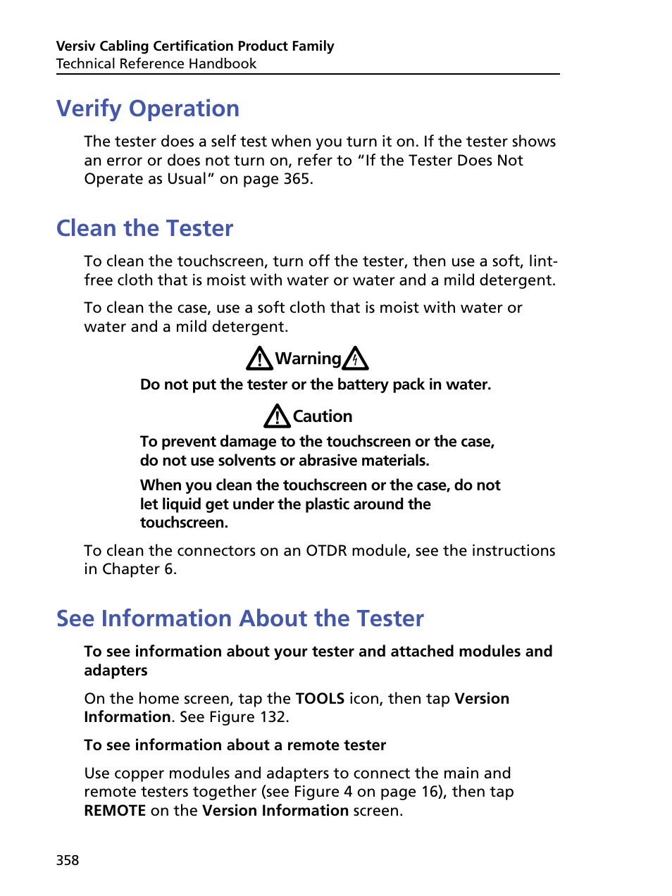Verify operation, Clean the tester, See information about the tester | Fluke Networks CertiFiber Pro Users Manual User Manual | Page 380 / 440