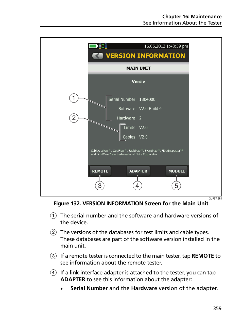 Version information screen for the main unit, Re 132, Ac b d e | Fluke Networks CertiFiber Pro Users Manual User Manual | Page 381 / 440