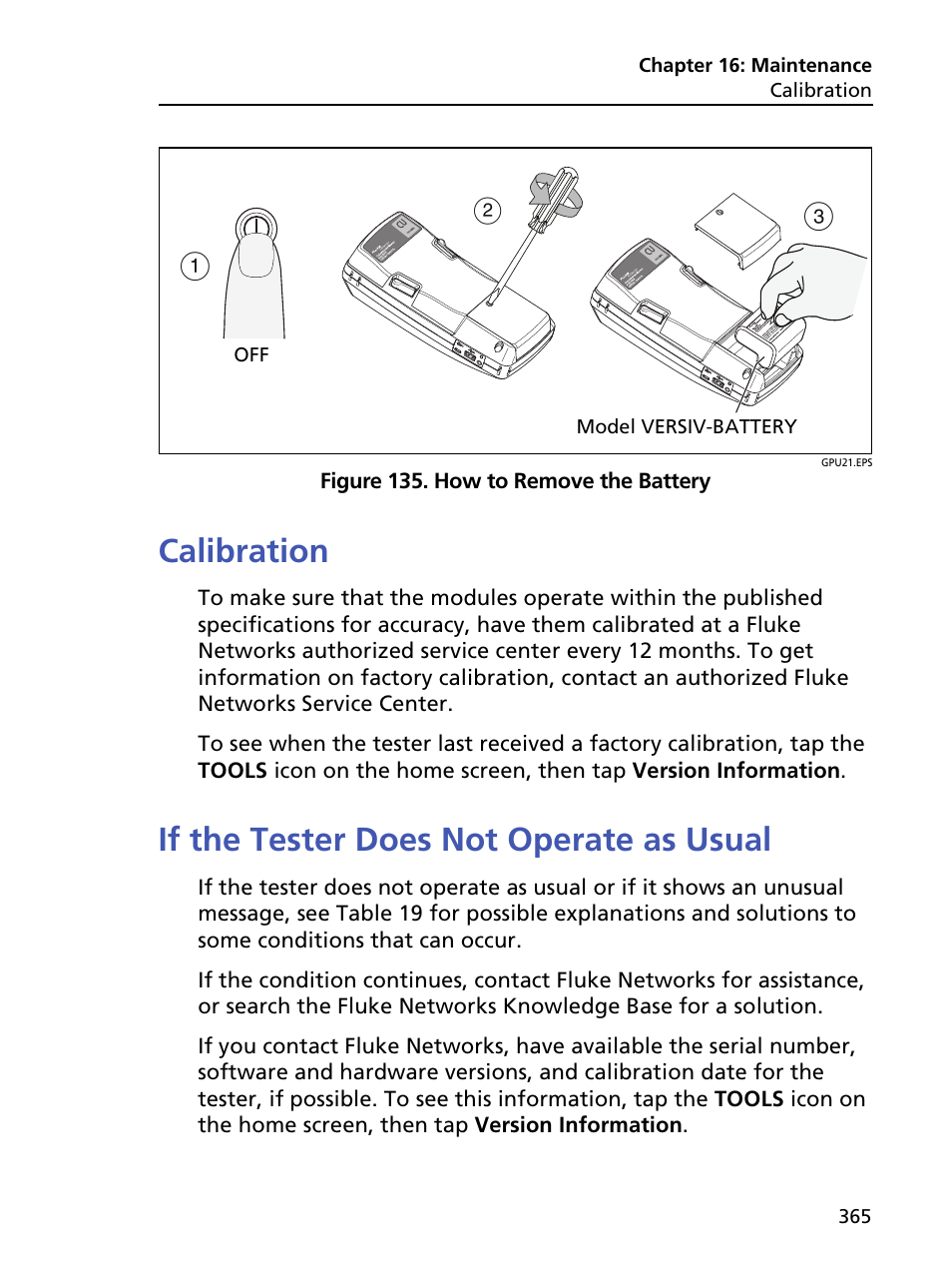 Calibration, If the tester does not operate as usual, How to remove the battery | Fluke Networks CertiFiber Pro Users Manual User Manual | Page 387 / 440