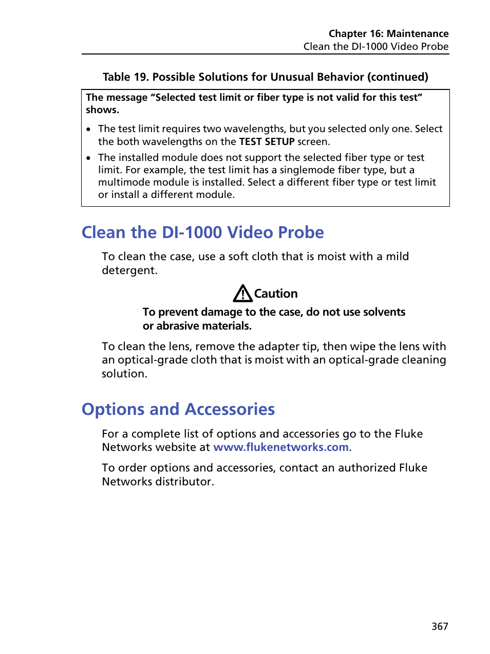 Clean the di-1000 video probe, Options and accessories | Fluke Networks CertiFiber Pro Users Manual User Manual | Page 389 / 440