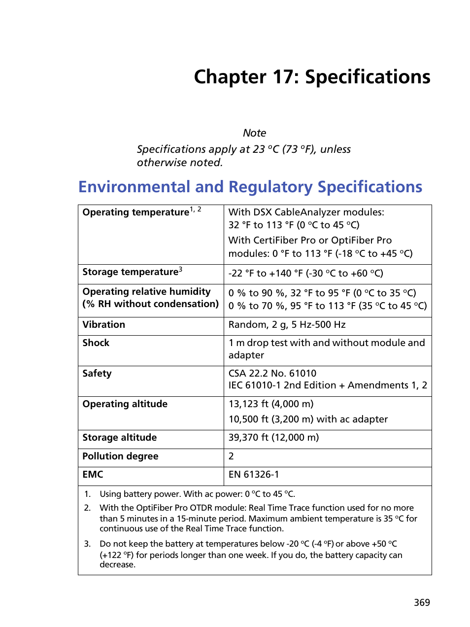 Chapter 17: specifications, Environmental and regulatory specifications, Chapter 17 specifications | C (73 | Fluke Networks CertiFiber Pro Users Manual User Manual | Page 391 / 440