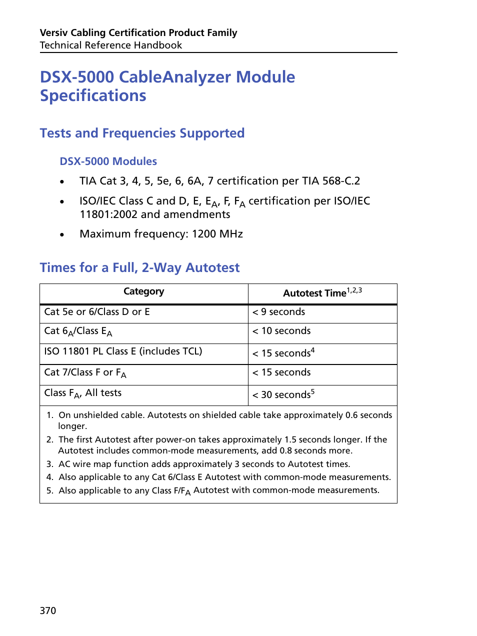 Dsx-5000 cableanalyzer module specifications, Tests and frequencies supported, Dsx-5000 modules | Times for a full, 2-way autotest | Fluke Networks CertiFiber Pro Users Manual User Manual | Page 392 / 440