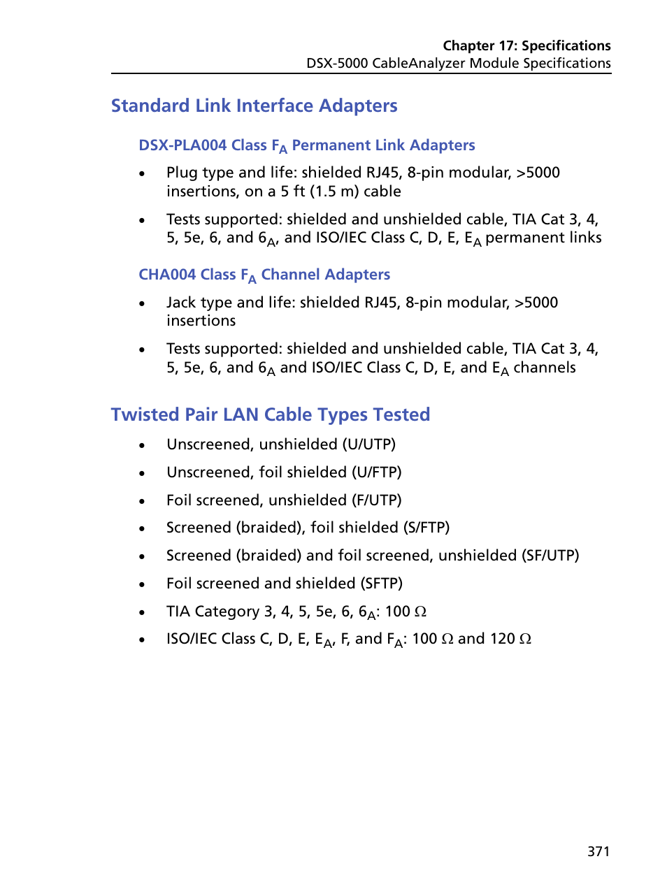 Standard link interface adapters, Dsx-pla004 class fa permanent link adapters, Cha004 class fa channel adapters | Twisted pair lan cable types tested | Fluke Networks CertiFiber Pro Users Manual User Manual | Page 393 / 440
