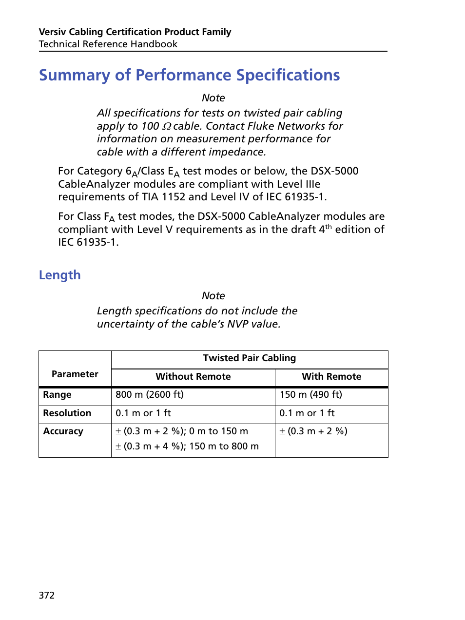 Summary of performance specifications, Length | Fluke Networks CertiFiber Pro Users Manual User Manual | Page 394 / 440