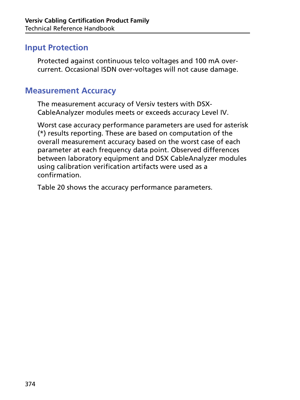 Input protection, Measurement accuracy, Input protection measurement accuracy | Fluke Networks CertiFiber Pro Users Manual User Manual | Page 396 / 440