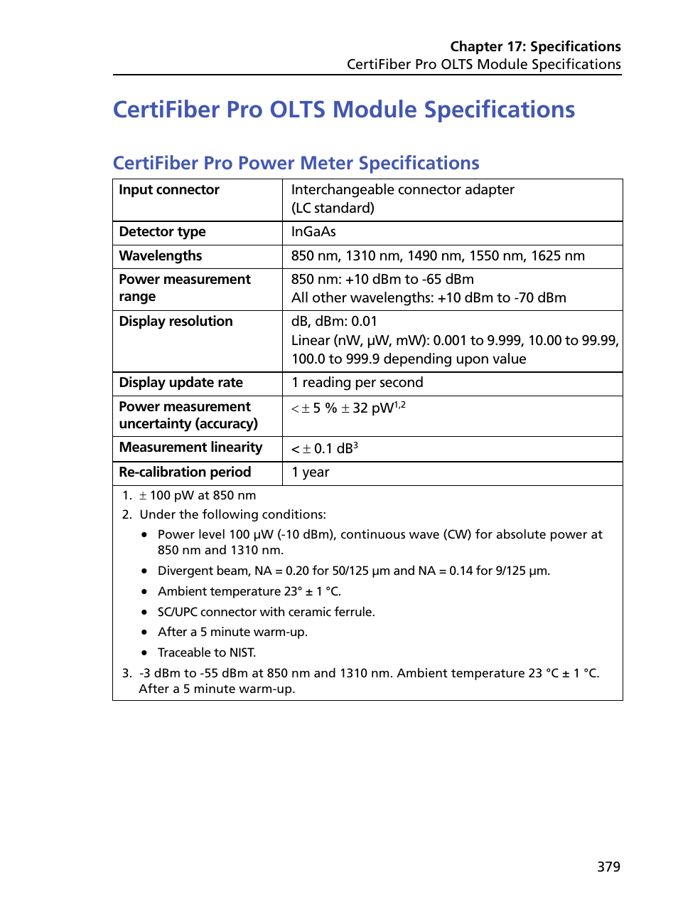 Certifiber pro olts module specifications, Certifiber pro power meter specifications | Fluke Networks CertiFiber Pro Users Manual User Manual | Page 401 / 440