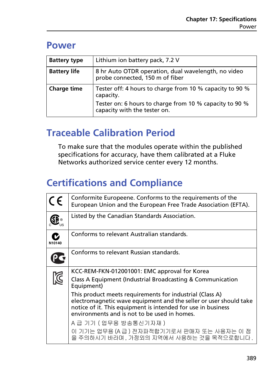 Power, Traceable calibration period, Certifications and compliance | Power traceable calibration period | Fluke Networks CertiFiber Pro Users Manual User Manual | Page 411 / 440