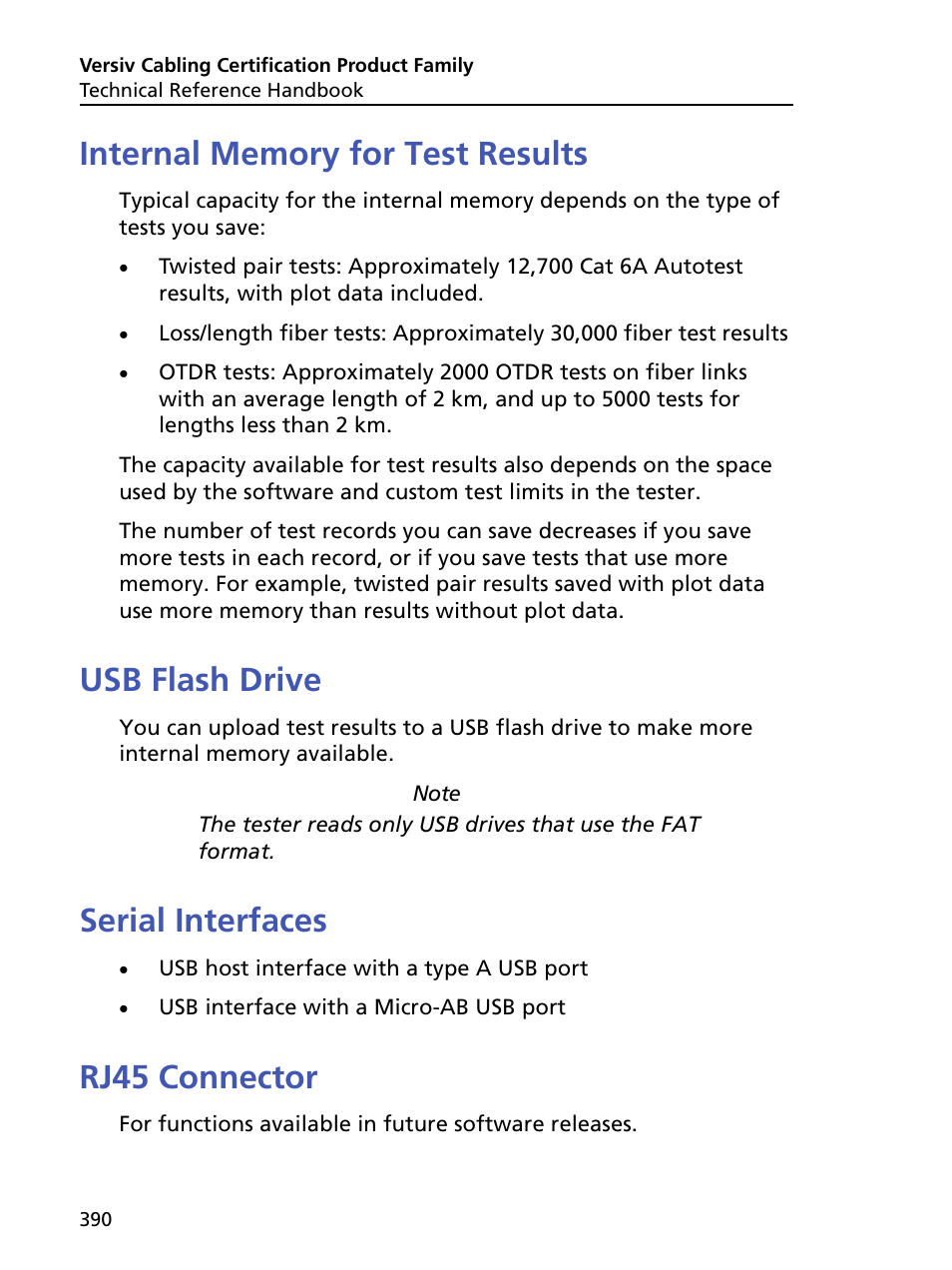 Internal memory for test results, Usb flash drive, Serial interfaces | Rj45 connector | Fluke Networks CertiFiber Pro Users Manual User Manual | Page 412 / 440