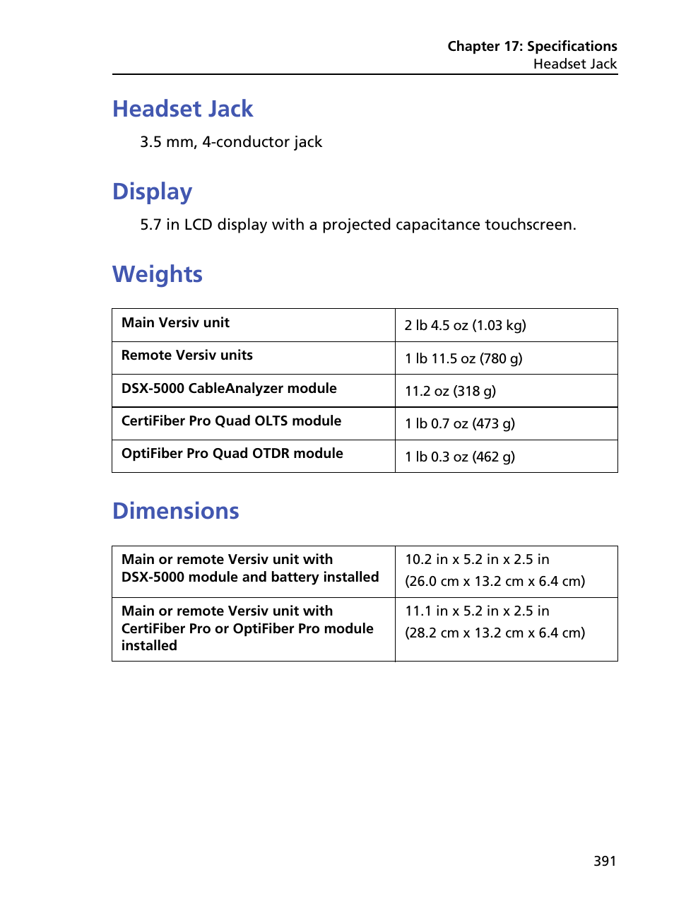 Headset jack, Display, Weights | Dimensions, Headset jack display weights dimensions, Weights dimensions | Fluke Networks CertiFiber Pro Users Manual User Manual | Page 413 / 440
