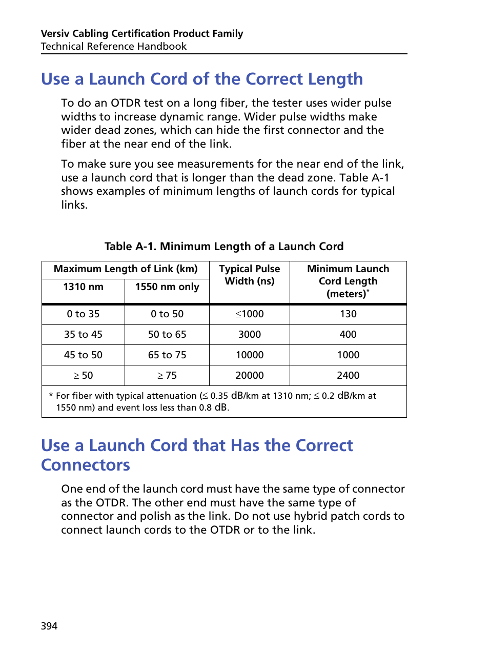 Use a launch cord of the correct length, Use a launch cord that has the correct connectors, Minimum length of a launch cord | Fluke Networks CertiFiber Pro Users Manual User Manual | Page 416 / 440