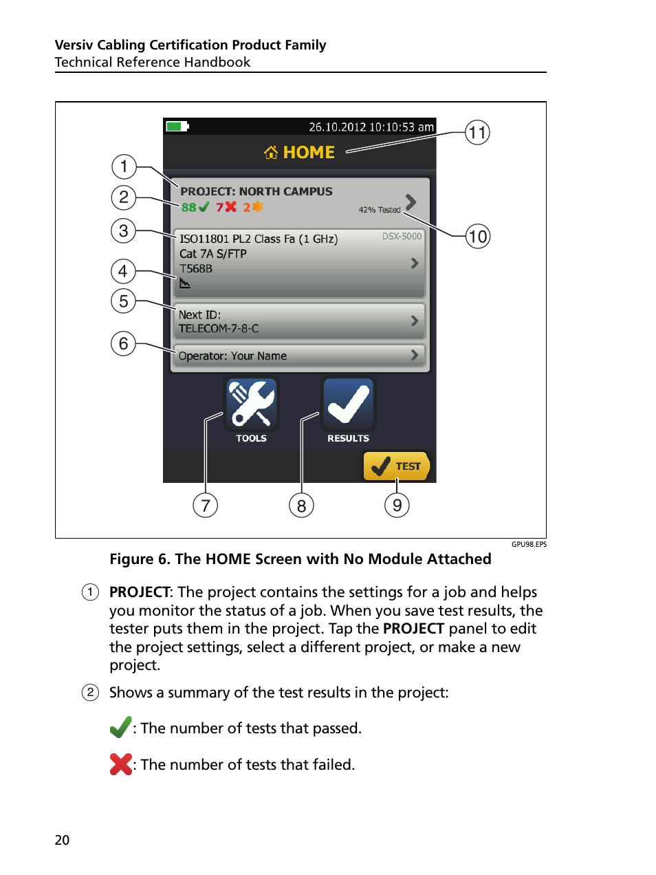 The home screen with no module attached, E 6) | Fluke Networks CertiFiber Pro Users Manual User Manual | Page 42 / 440
