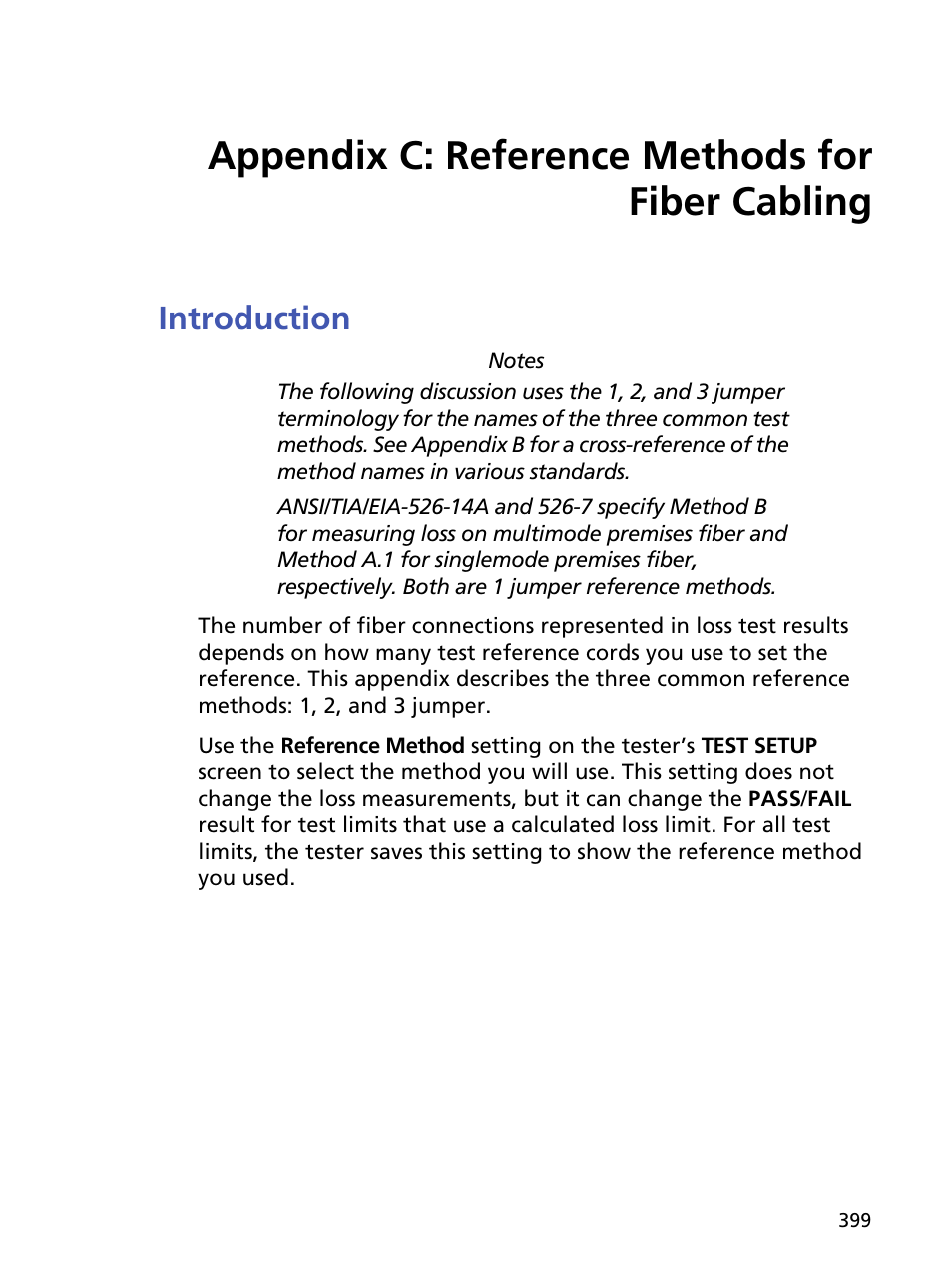 Appendix c: reference methods for fiber cabling, Introduction, Appendix c reference methods for fiber cabling | Fluke Networks CertiFiber Pro Users Manual User Manual | Page 421 / 440