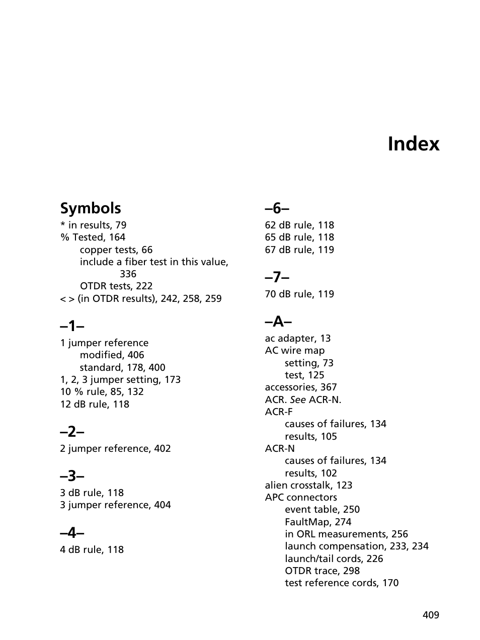 Index, Symbols | Fluke Networks CertiFiber Pro Users Manual User Manual | Page 431 / 440