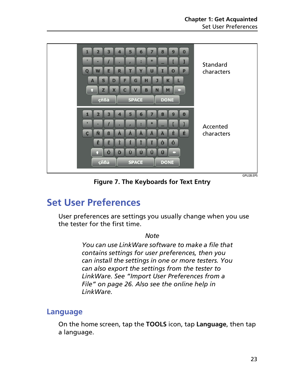 Set user preferences, Language, The keyboards for text entry | Fluke Networks CertiFiber Pro Users Manual User Manual | Page 45 / 440