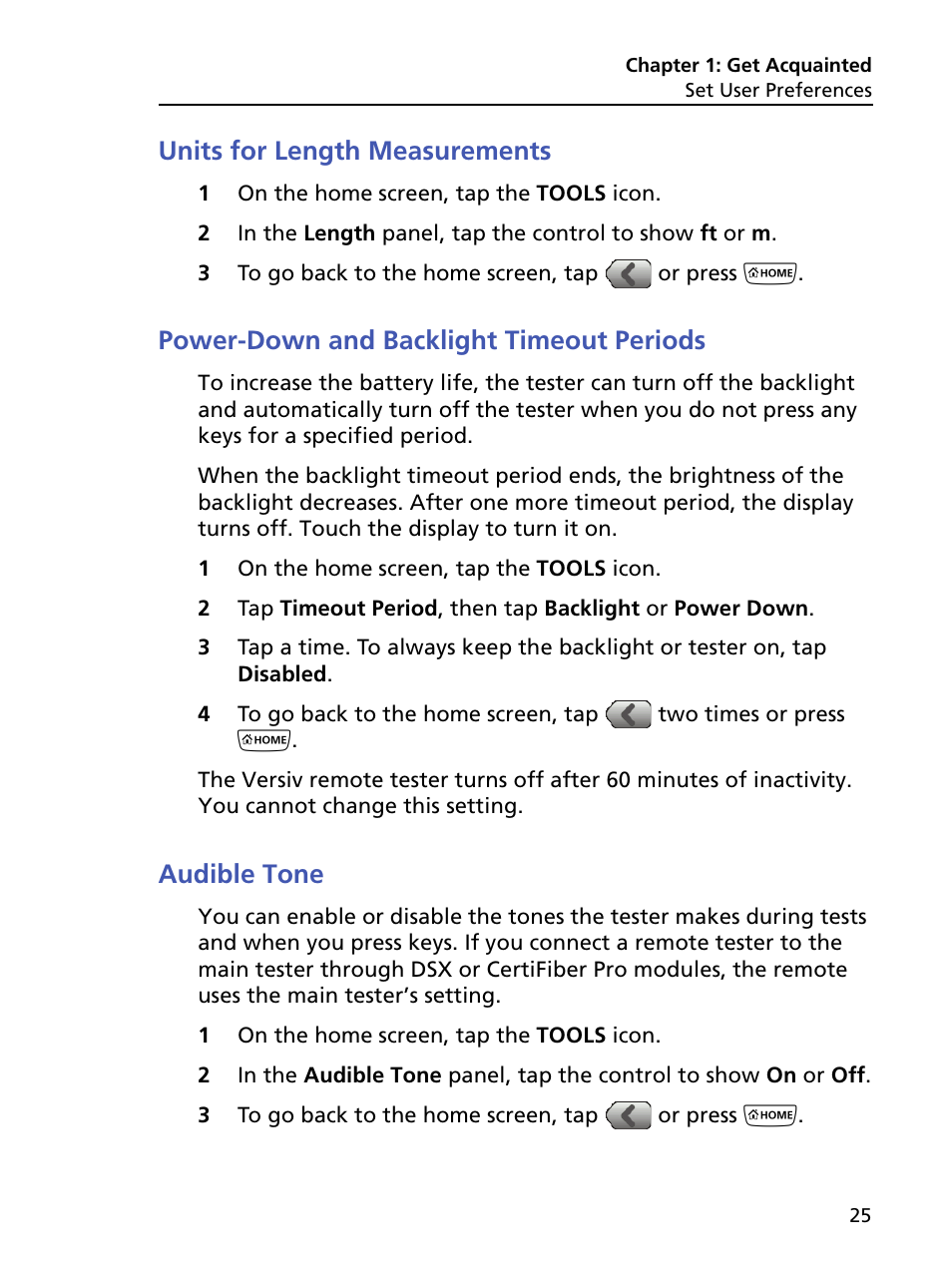 Units for length measurements, Power-down and backlight timeout periods, Audible tone | Fluke Networks CertiFiber Pro Users Manual User Manual | Page 47 / 440